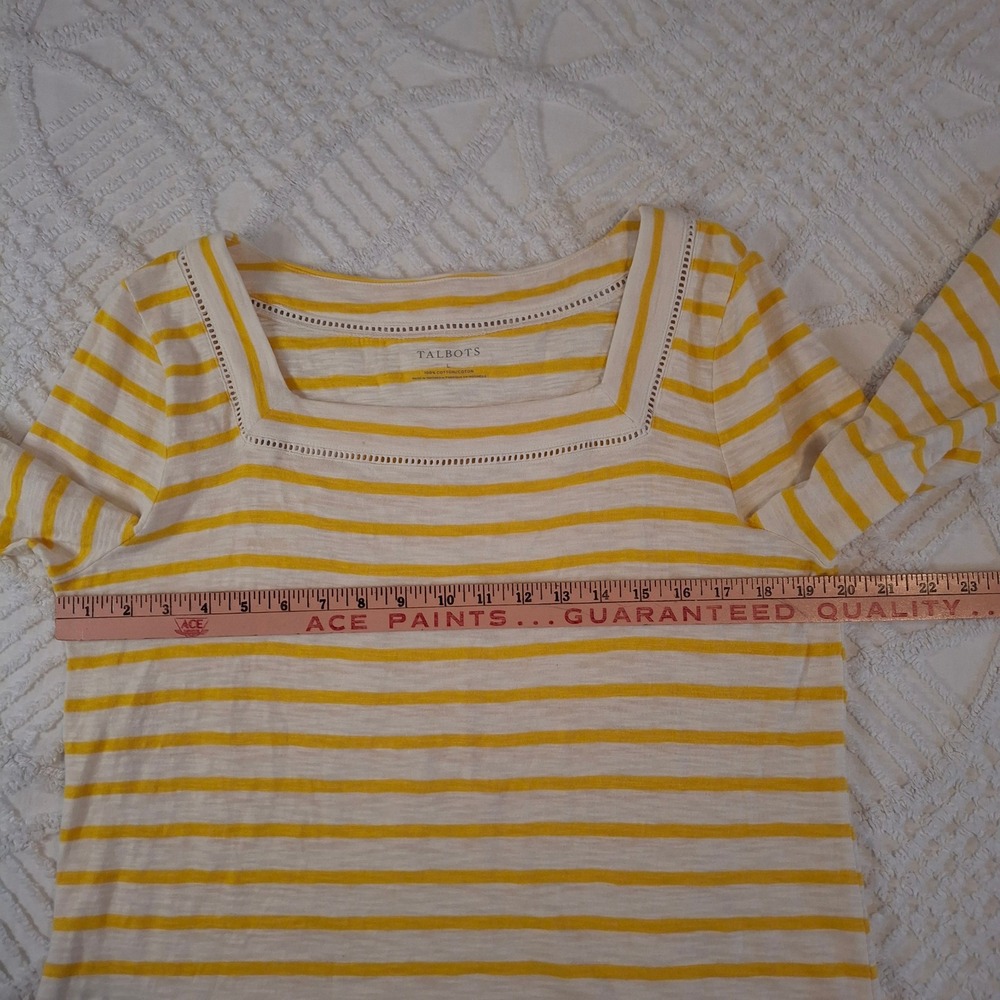 Talbots Womens Large Top Yellow White Striped Square Neck Lace Trim 3/4 Sleeve - Picture 3 of 6